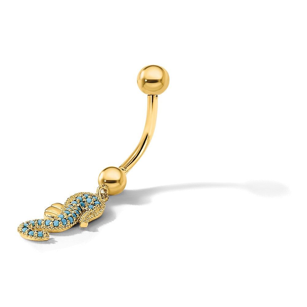 14K Gelbgold Poliert Blau Zirkonia Seepferdchen Hängend Navel/belly Ring