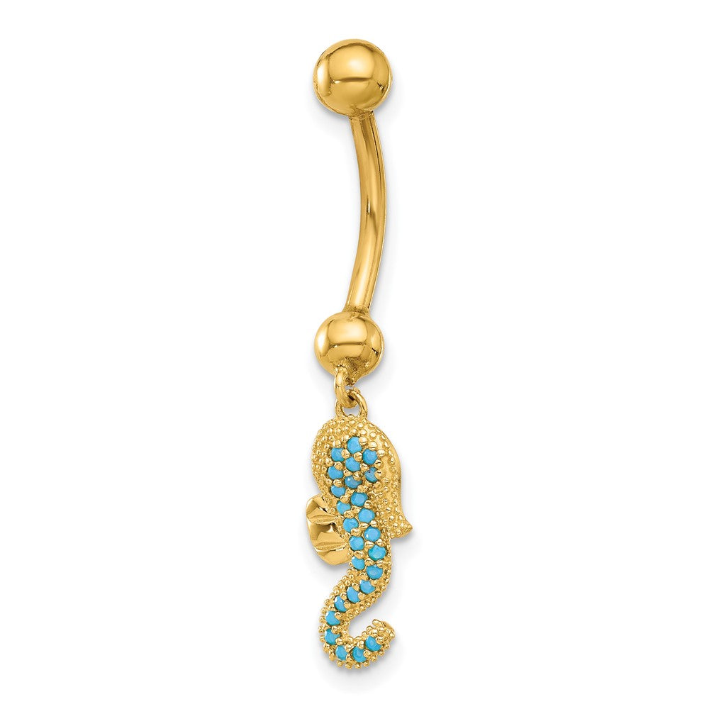 14K Gelbgold Poliert Blau Zirkonia Seepferdchen Hängend Navel/belly Ring