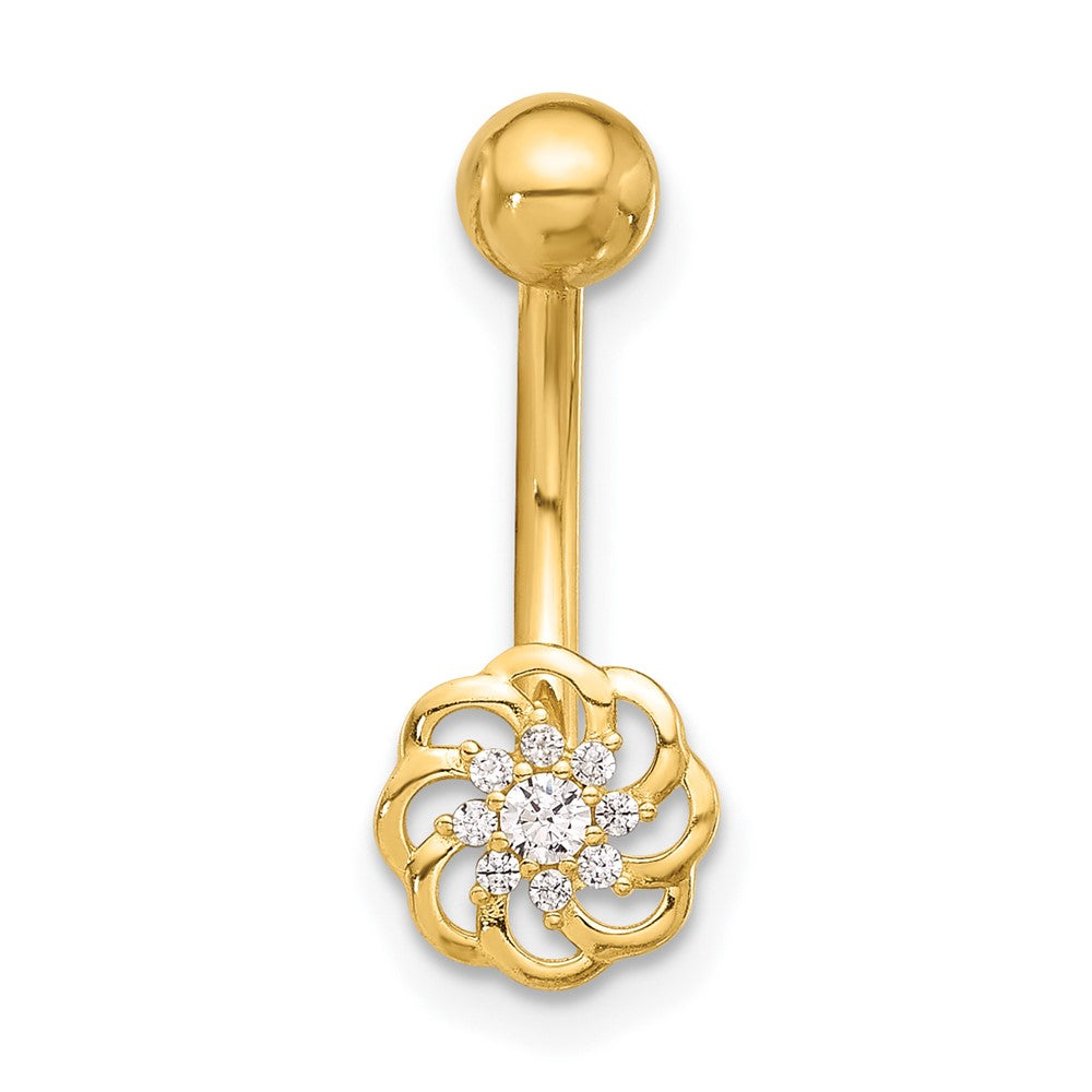 14K Gelbgold Poliert Zirkonia Blume Navel/belly Ring