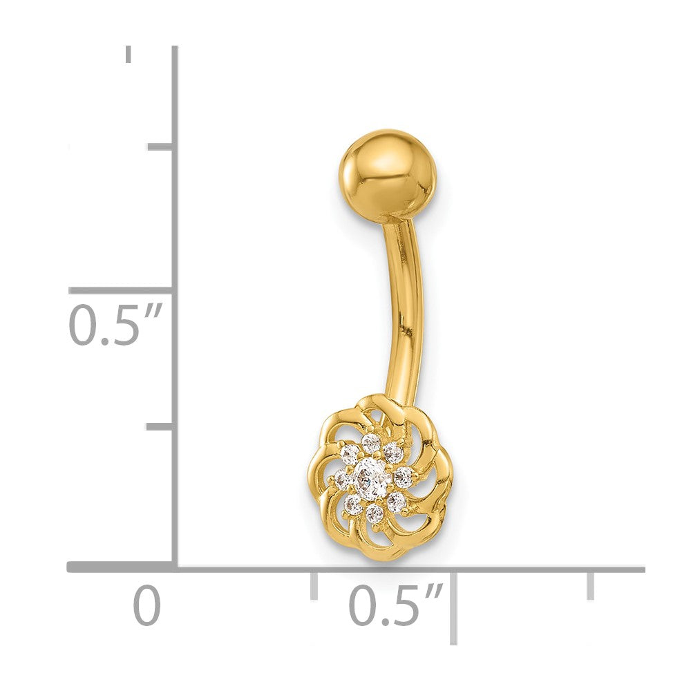 14K Gelbgold Poliert Zirkonia Blume Navel/belly Ring