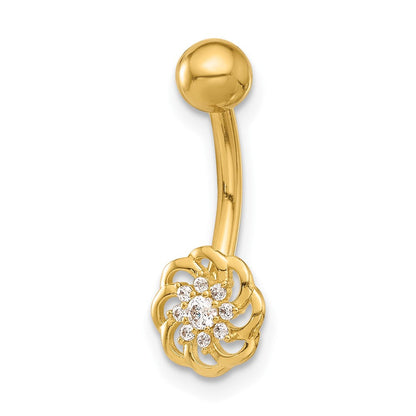 14K Gelbgold Poliert Zirkonia Blume Navel/belly Ring