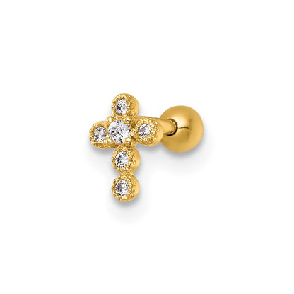14K Gelbgold Poliert Zirkonia Kreuz Labret Ohrstecker