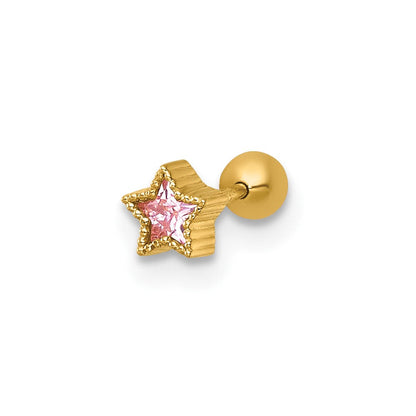 14K Gelbgold Poliert und Gekugelt Rosa Zirkonia Stern Labret Ohrstecker