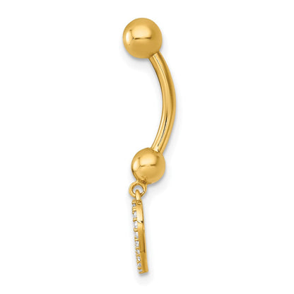14K Gelbgold Poliert Zirkonia Dangling Offen Herz Navel Ring