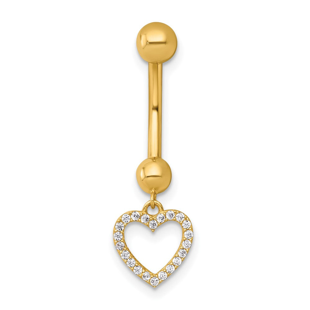 14K Gelbgold Poliert Zirkonia Dangling Offen Herz Navel Ring