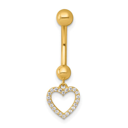 14K Gelbgold Poliert Zirkonia Dangling Offen Herz Navel Ring