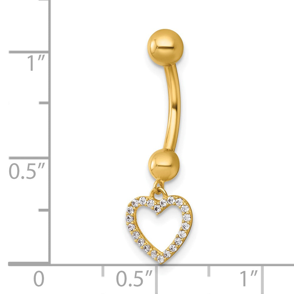 14K Gelbgold Poliert Zirkonia Dangling Offen Herz Navel Ring