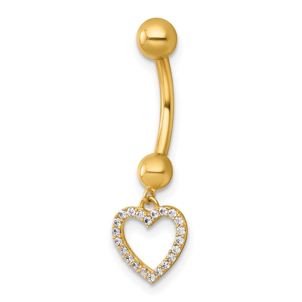 14K Gelbgold Poliert Zirkonia Dangling Offen Herz Navel Ring