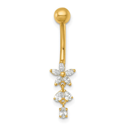 14K Gelbgold Poliert Zirkonia Dangling Blume Navel Ring
