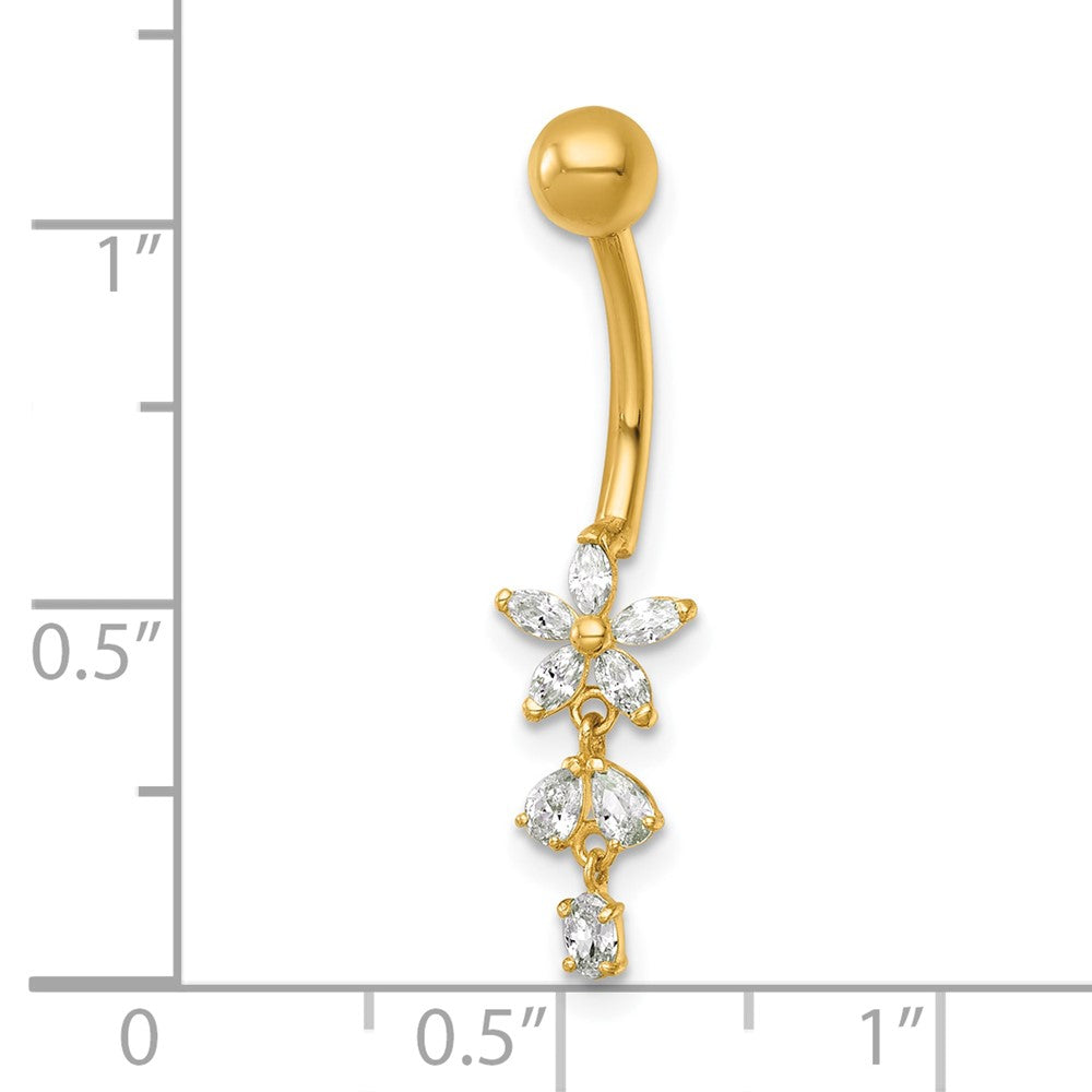 14K Gelbgold Poliert Zirkonia Dangling Blume Navel Ring