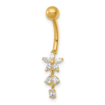 14K Gelbgold Poliert Zirkonia Dangling Blume Navel Ring
