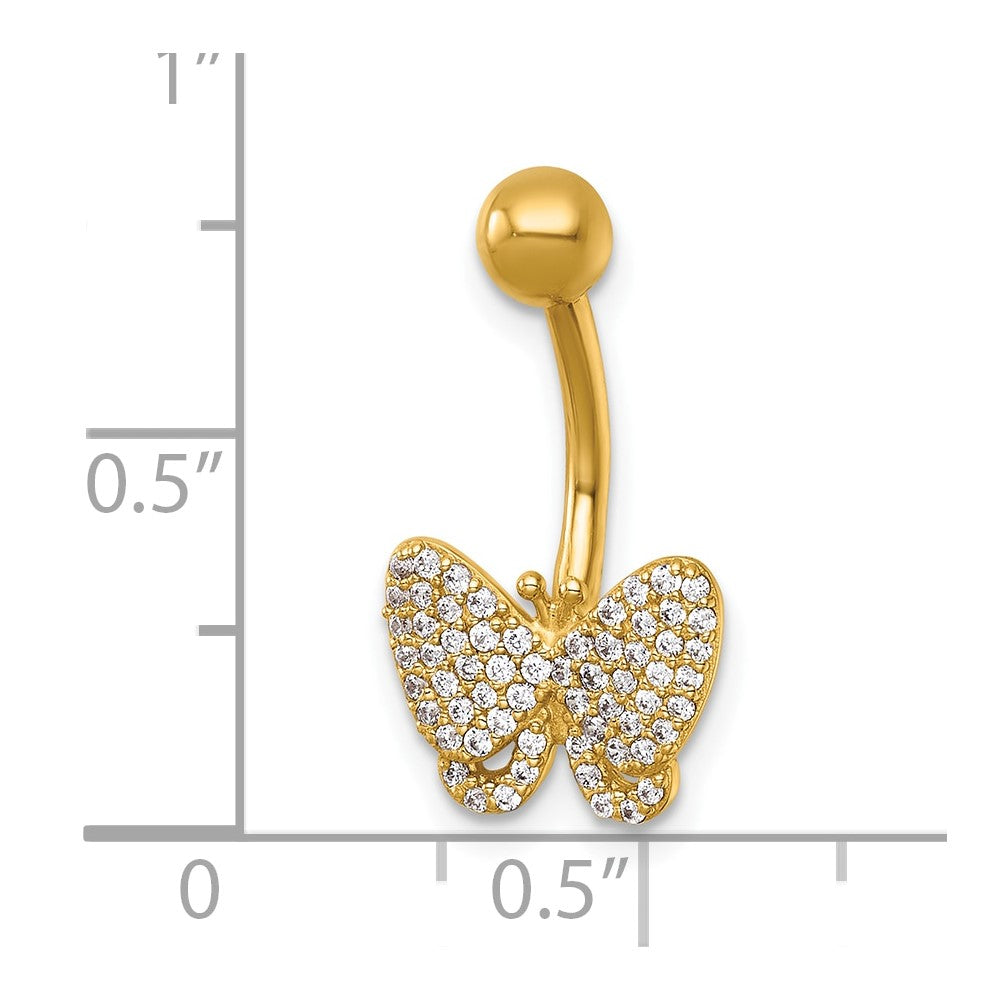 14K Gelbgold Poliert Pavé Zirkonia Schmetterling Navel Ring