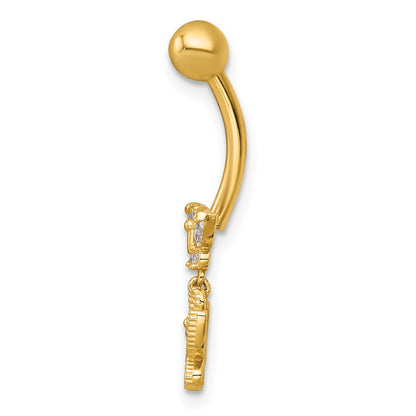 14K Gelbgold Poliert und Gekugelt Zirkonia Dangling Schmetterling Navel Ring