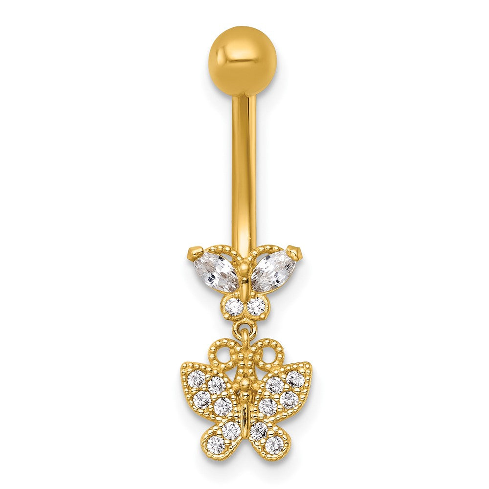 14K Gelbgold Poliert und Gekugelt Zirkonia Dangling Schmetterling Navel Ring