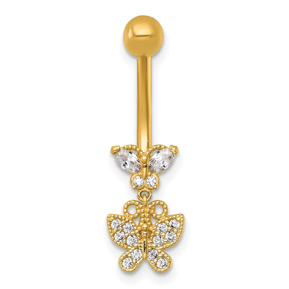 14K Gelbgold Poliert und Gekugelt Zirkonia Dangling Schmetterling Navel Ring