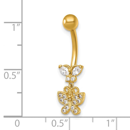14K Gelbgold Poliert und Gekugelt Zirkonia Dangling Schmetterling Navel Ring