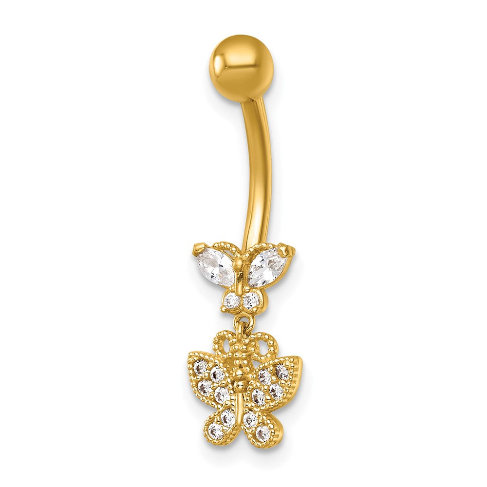 14K Gelbgold Poliert und Gekugelt Zirkonia Dangling Schmetterling Navel Ring