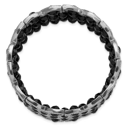 Mode 1928 Schmuck Silberfarben Breit Rahmen Jet Schwarz Facettiert Acrylic Perlen Dehnbar Armband
