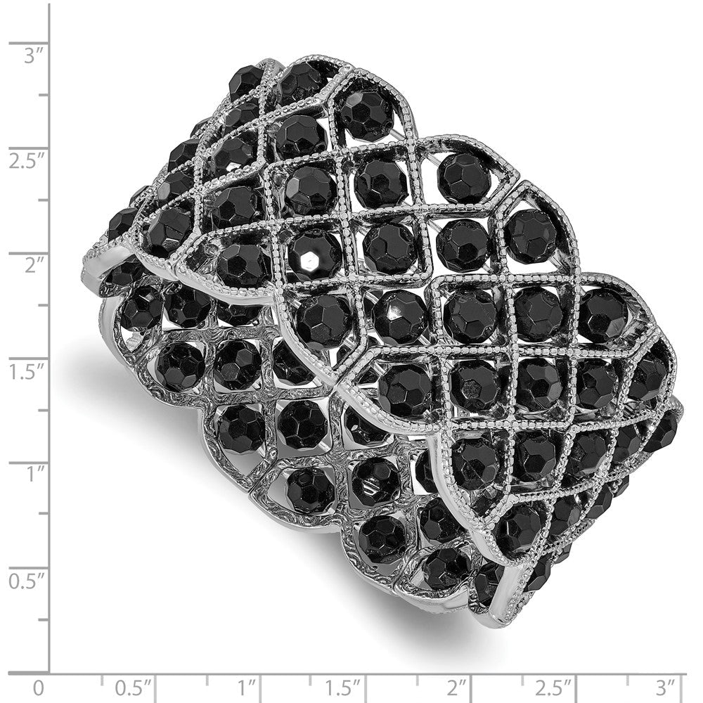Mode 1928 Schmuck Silberfarben Breit Rahmen Jet Schwarz Facettiert Acrylic Perlen Dehnbar Armband