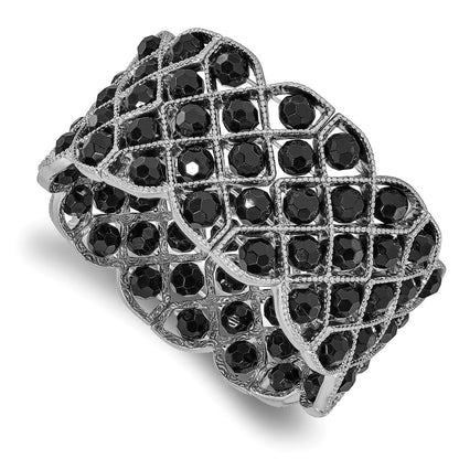 Mode 1928 Schmuck Silberfarben Breit Rahmen Jet Schwarz Facettiert Acrylic Perlen Dehnbar Armband