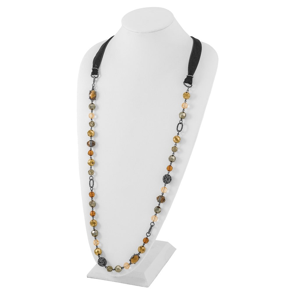 Mode 1928 Schmuck Schwarz-beschichtet Strukturiert und Facettiert Mehrfarbig Glas Perlen in Braun Hematite Shades 42 Zoll Schwarz Velour Kordel Halskette