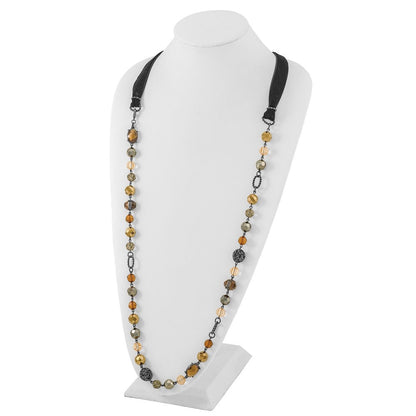 Mode 1928 Schmuck Schwarz-beschichtet Strukturiert und Facettiert Mehrfarbig Glas Perlen in Braun Hematite Shades 42 Zoll Schwarz Velour Kordel Halskette