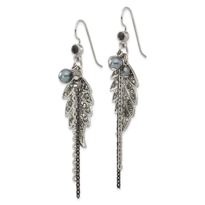 Mode 1928 Schmuck Silberfarben und Schwarz-beschichtet Blatt Muster Jet Schwarz Hematite Kristall Glas Perlen Ohrhänger