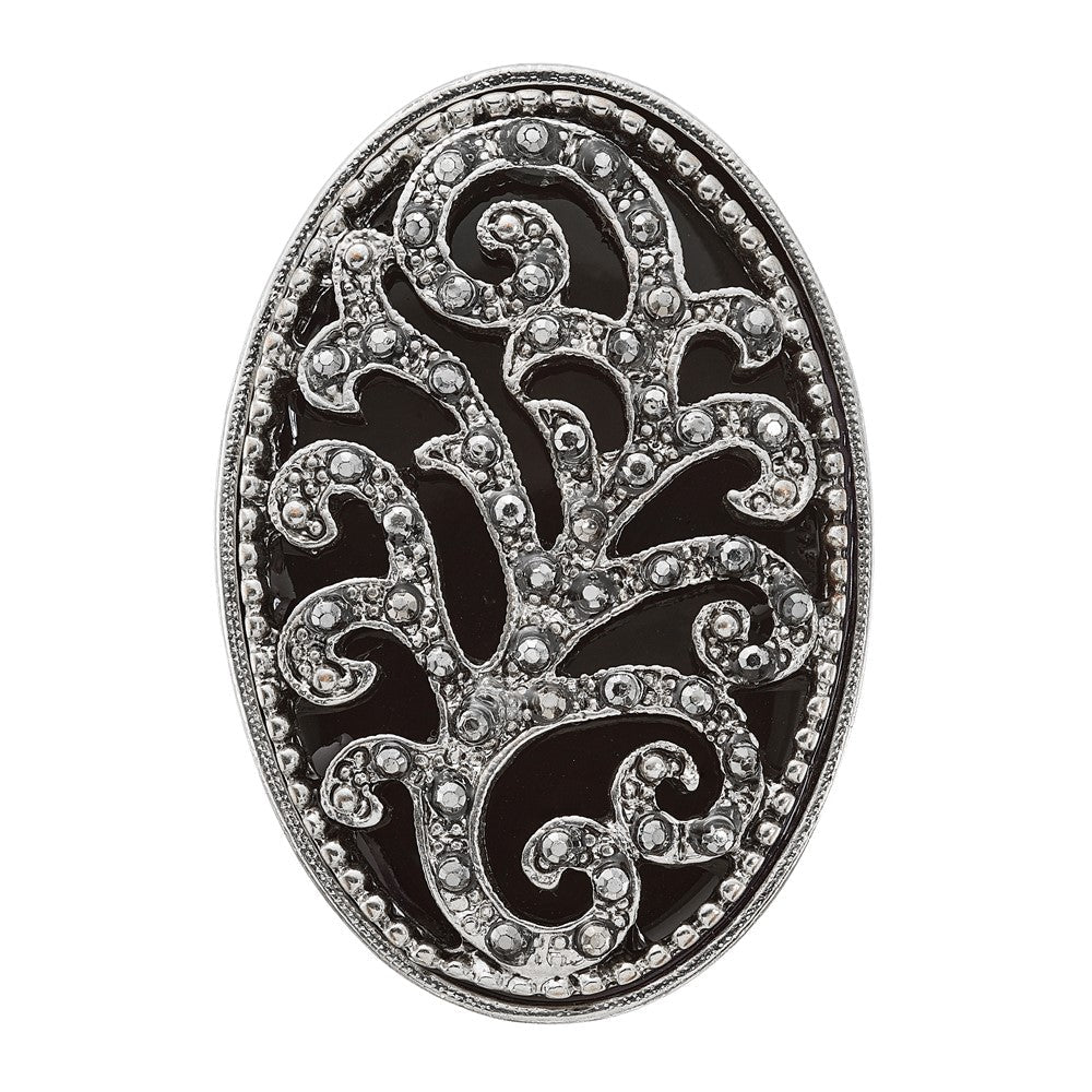 Mode 1928 Silberfarben Schwarz Emaille und Kristall Vintage Ranke Muster Dehnbar Ring