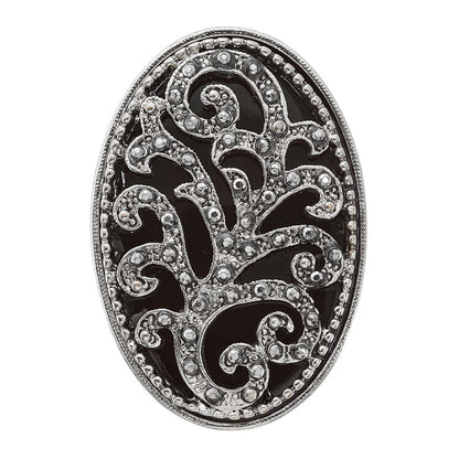 Mode 1928 Silberfarben Schwarz Emaille und Kristall Vintage Ranke Muster Dehnbar Ring
