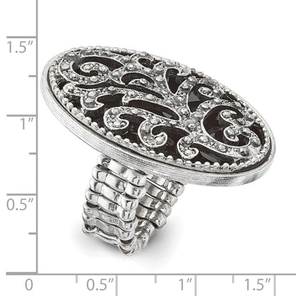 Mode 1928 Silberfarben Schwarz Emaille und Kristall Vintage Ranke Muster Dehnbar Ring