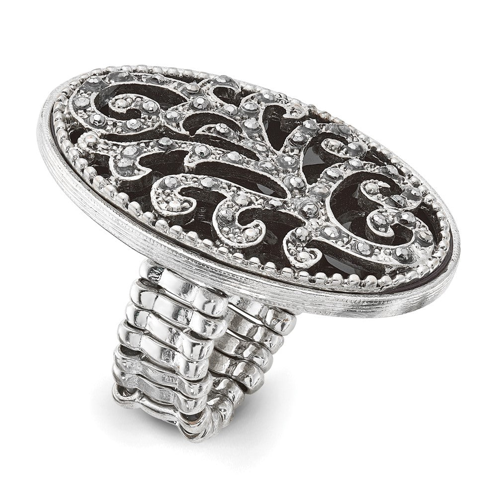 Mode 1928 Silberfarben Schwarz Emaille und Kristall Vintage Ranke Muster Dehnbar Ring