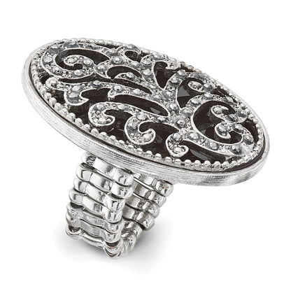 Mode 1928 Silberfarben Schwarz Emaille und Kristall Vintage Ranke Muster Dehnbar Ring