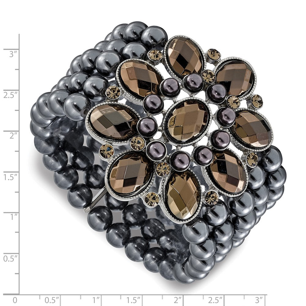 Mode 1928 Schmuck Breit Schwarz-beschichtet Blumen Rahmen mit Jet Schwarz und Hematite Facettiert Acrylic Perlen Rund Smooth Perle Five Reihe Dehnbar Armband