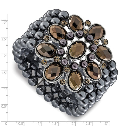 Mode 1928 Schmuck Breit Schwarz-beschichtet Blumen Rahmen mit Jet Schwarz und Hematite Facettiert Acrylic Perlen Rund Smooth Perle Five Reihe Dehnbar Armband