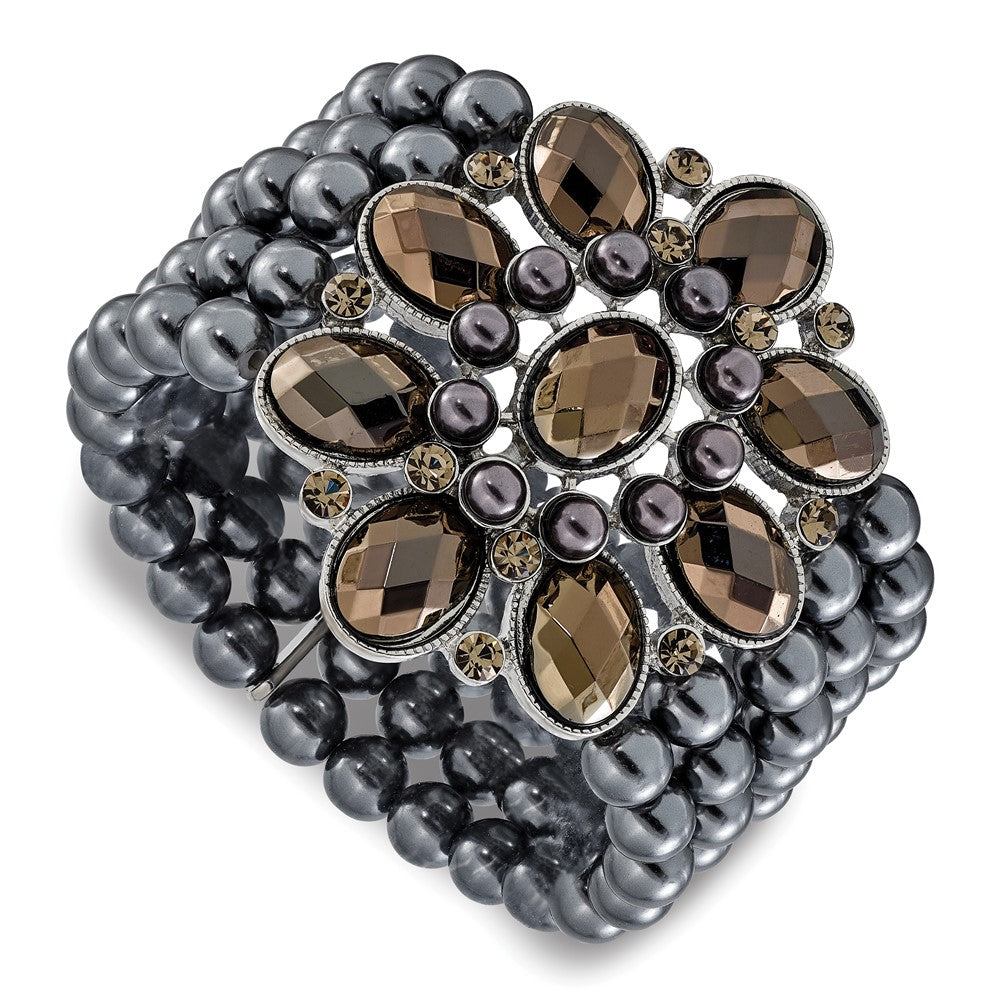 Mode 1928 Schmuck Breit Schwarz-beschichtet Blumen Rahmen mit Jet Schwarz und Hematite Facettiert Acrylic Perlen Rund Smooth Perle Five Reihe Dehnbar Armband