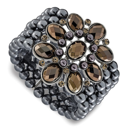 Mode 1928 Schmuck Breit Schwarz-beschichtet Blumen Rahmen mit Jet Schwarz und Hematite Facettiert Acrylic Perlen Rund Smooth Perle Five Reihe Dehnbar Armband
