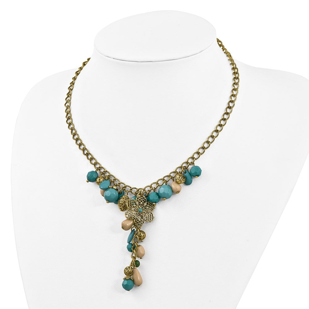 Mode 1928 Schmuck Goldfarben Glieder Filigran Blumen Muster Perle und Teal Grün Cream Acrylic Perlen Cluster 16 Zoll Y Halskette mit 3 Extenson