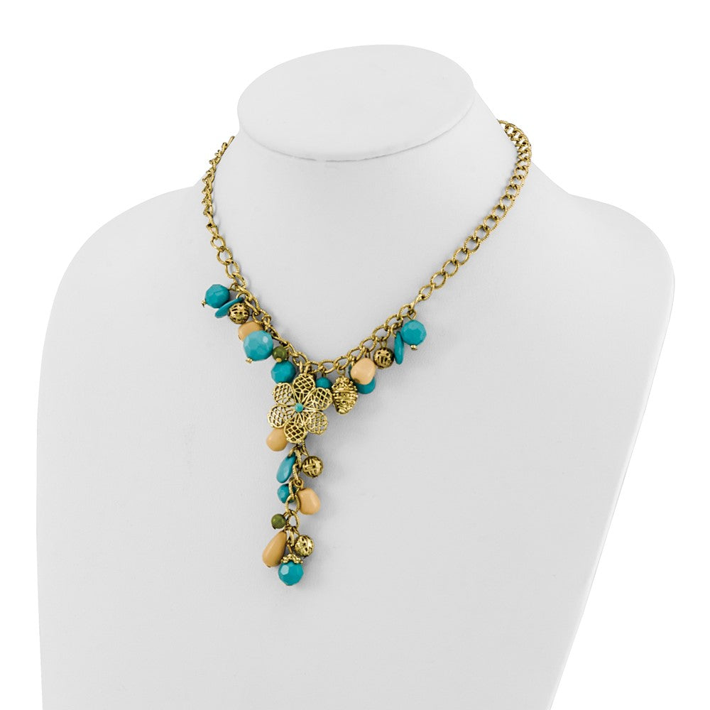 Mode 1928 Schmuck Goldfarben Glieder Filigran Blumen Muster Perle und Teal Grün Cream Acrylic Perlen Cluster 16 Zoll Y Halskette mit 3 Extenson