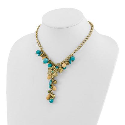 Mode 1928 Schmuck Goldfarben Glieder Filigran Blumen Muster Perle und Teal Grün Cream Acrylic Perlen Cluster 16 Zoll Y Halskette mit 3 Extenson