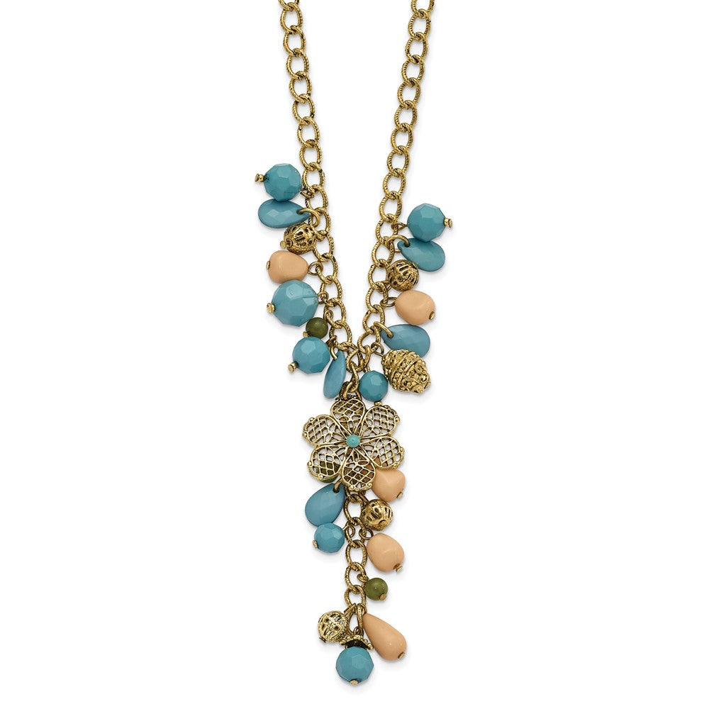 Mode 1928 Schmuck Goldfarben Glieder Filigran Blumen Muster Perle und Teal Grün Cream Acrylic Perlen Cluster 16 Zoll Y Halskette mit 3 Extenson