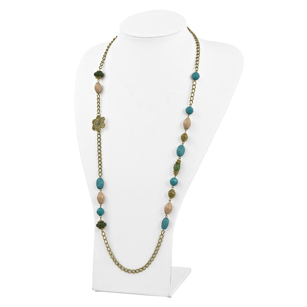 Mode 1928 Schmuck Goldfarben Glieder Filigran Blumen und Muster Perle mit Teal Grün Cream Acrylic Perlen 38 Zoll Halskette
