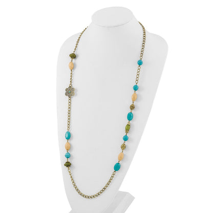Mode 1928 Schmuck Goldfarben Glieder Filigran Blumen und Muster Perle mit Teal Grün Cream Acrylic Perlen 38 Zoll Halskette