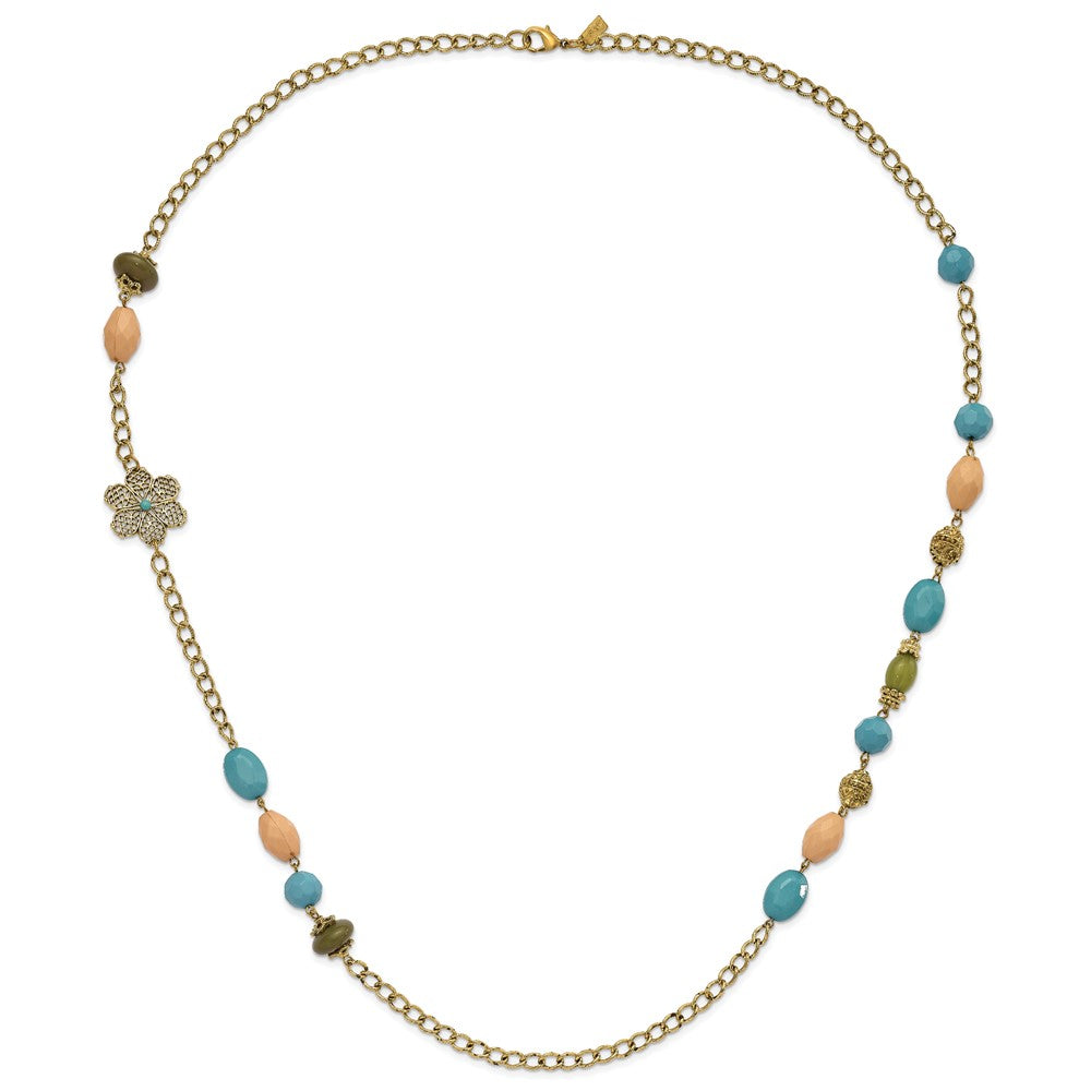 Mode 1928 Schmuck Goldfarben Glieder Filigran Blumen und Muster Perle mit Teal Grün Cream Acrylic Perlen 38 Zoll Halskette
