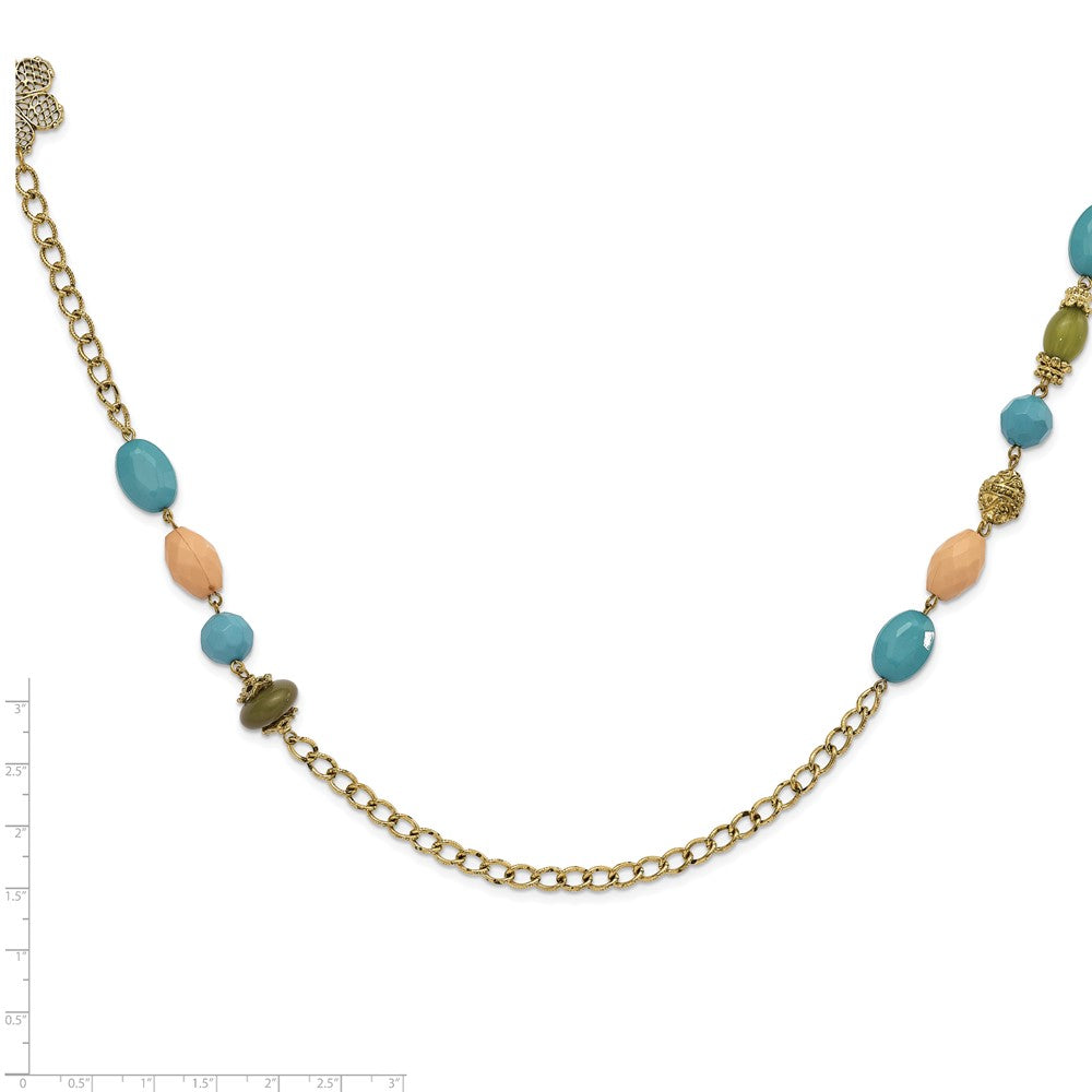 Mode 1928 Schmuck Goldfarben Glieder Filigran Blumen und Muster Perle mit Teal Grün Cream Acrylic Perlen 38 Zoll Halskette