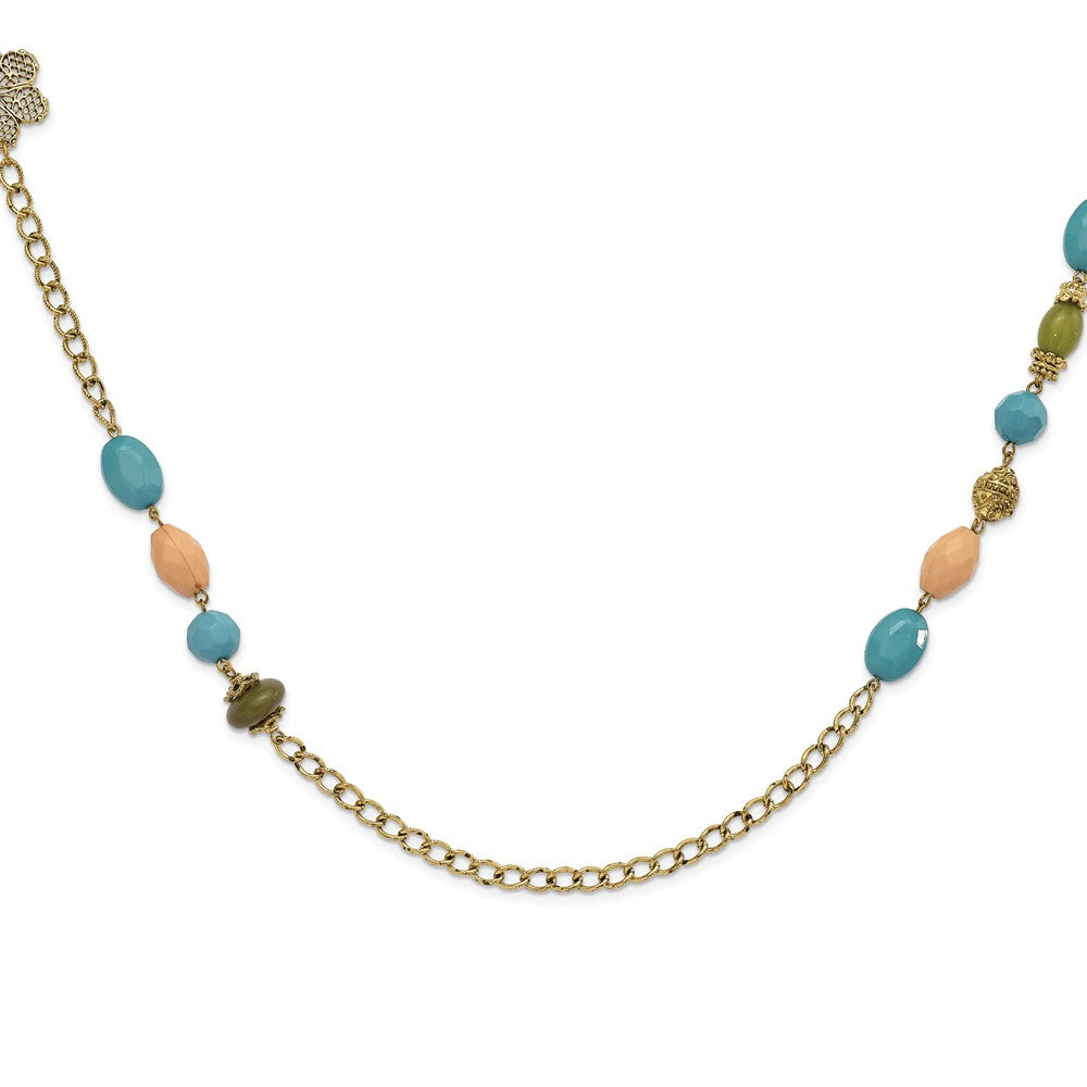 Mode 1928 Schmuck Goldfarben Glieder Filigran Blumen und Muster Perle mit Teal Grün Cream Acrylic Perlen 38 Zoll Halskette
