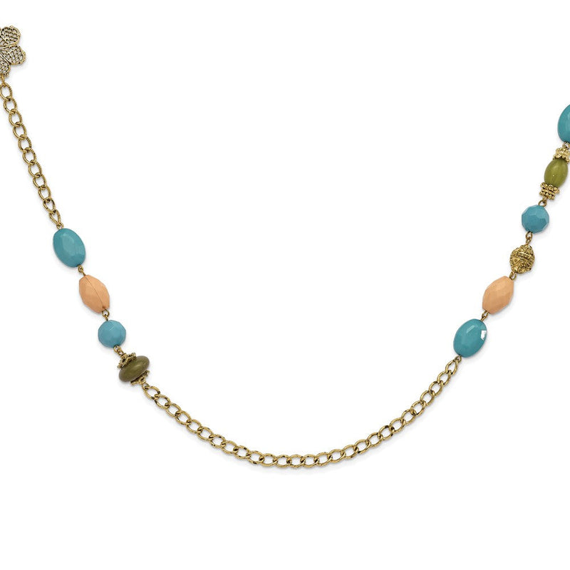 Mode 1928 Schmuck Goldfarben Glieder Filigran Blumen und Muster Perle mit Teal Grün Cream Acrylic Perlen 38 Zoll Halskette