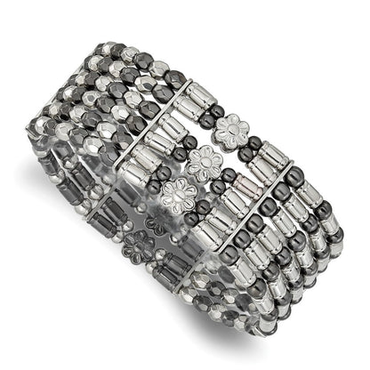 Mode 1928 Schmuck Silberfarben & Schwarz-beschichtet Acrylic Perlen Bicolor Foral Dehnbar Armband