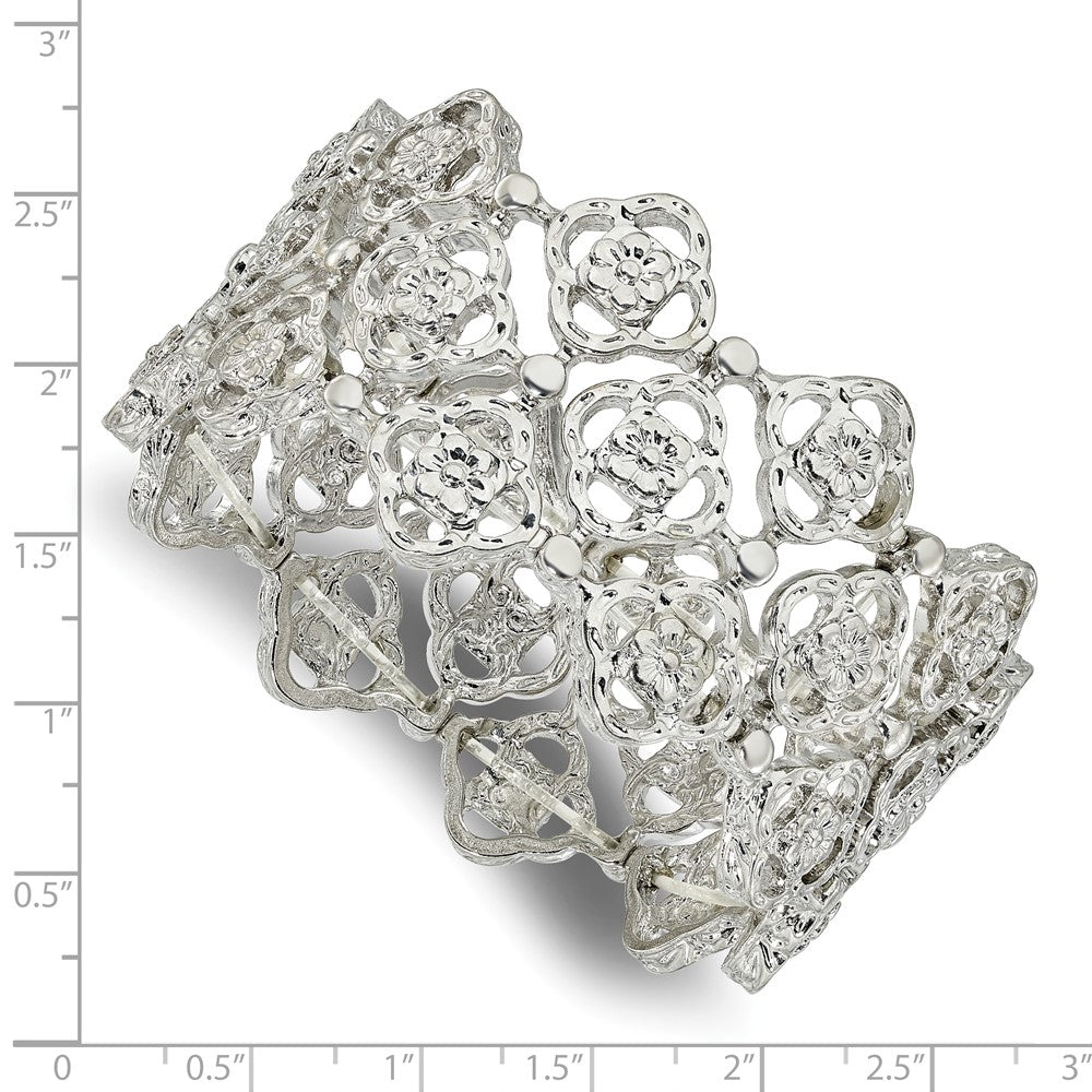 7 Zoll 1928 Schmuck Silberfarben Breit Filigran Glieder Blumen Muster Dehnbar Armband