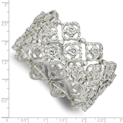 7 Zoll 1928 Schmuck Silberfarben Breit Filigran Glieder Blumen Muster Dehnbar Armband
