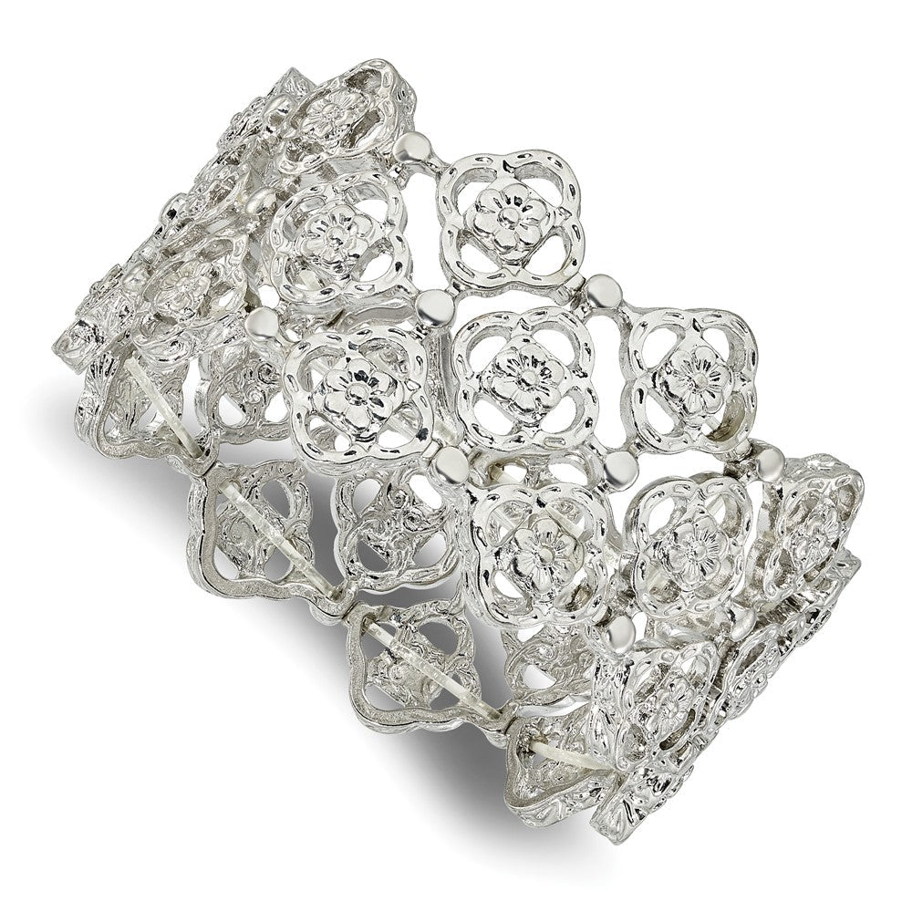 7 Zoll 1928 Schmuck Silberfarben Breit Filigran Glieder Blumen Muster Dehnbar Armband